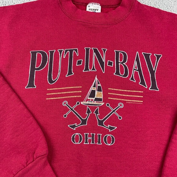 VINTAGE Sweatshirt Mens M Red Ohio Put In Bay Fruit of the Loom Made USA Heavy - Picture 2 of 11